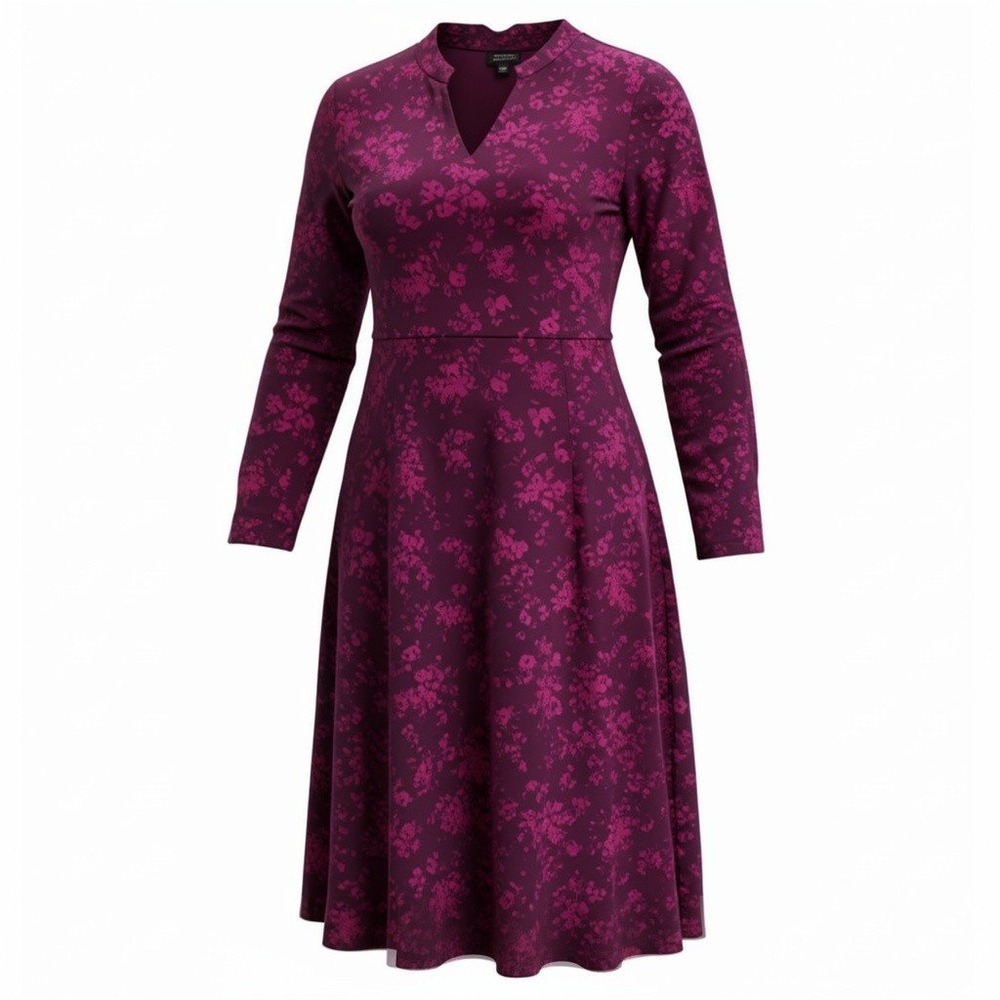 J. Jill Wearever Floral V-Neck Midi Dress Womens 2X Purple Boho Knit Long Sleeve
